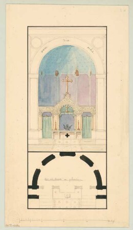 Altar Monatskonkurrenz Mai 1843: Grundriss, Aufriss Vorderansicht; Maßstabsleiste