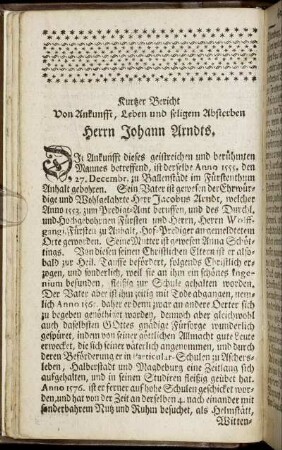 Kurtzer Bericht Von Ankunfft, Leben und seligem Absterben Herrn Johann Arndts