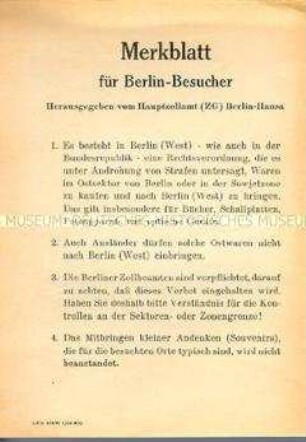 Merkblatt mit Einfuhrverboten des Zollamtes Berlin (West) für Erzeugnisse aus der DDR