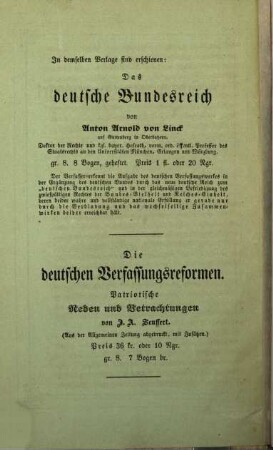 Ueber die Gefahren der Gegenwart und die Gründung politischer Vereine