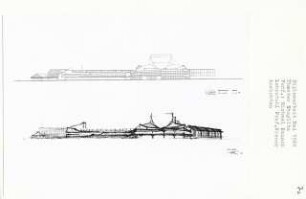 Schauspielhaus, Berlin-Steglitz (Diplomarbeit bei Willy Kreuer): Ansicht von Norden 1:200 und Perspektivische Ansicht
