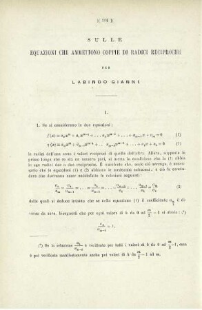 Sulle equazioni che ammettono coppie di radici reciproche.