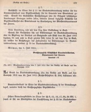 Nr. 122: Ministerialverordnung vom 7. Juli 1915 über den Verkehr aus dem Erntejahr 1915