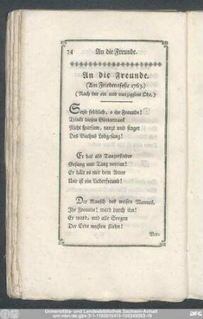 An die Freunde. (Am Friedensfeste 1763.) (Nach der ein und vierzigsten Ode.)