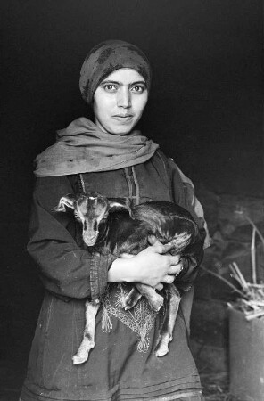 Junge Frau mit Ziegenkitz in den Armen, Sanaa (Wadi Alagab)