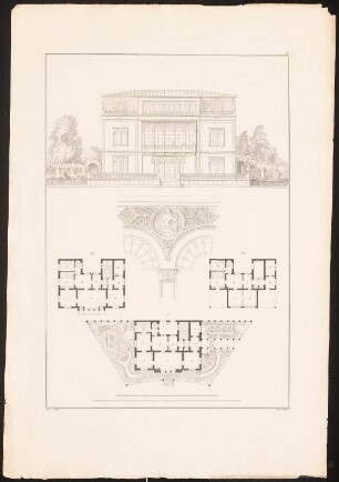 Wohnhaus: Grundriss EG, 1.OG, 2.OG, Ansicht, Detail (aus: Architektonische Entwürfe aus der Sammlung des Architektenvereins zu Berlin, H.2, 1835)