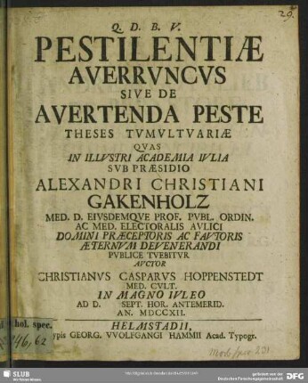 Pestilentiae Averruncus Sive De Aventenda Peste Theses Tumultuariae