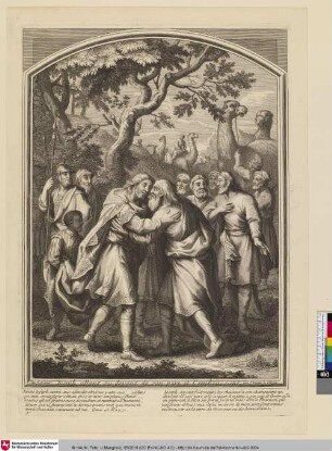 Joseph allant au devant de son pere et l'embrassant. [Joseph geht seinem Vater entgehen und umarmt ihn]