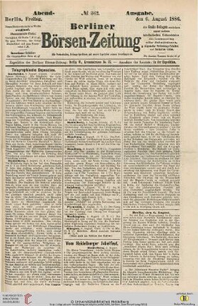 Vom Heidelberger Jubelfest. In: Berliner Börsenzeitung, Nr. 362, Abend-Ausgabe, 06.08.1886, S. [1]