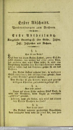 Erster Abschnitt. Vorbereitung zum Rechnen