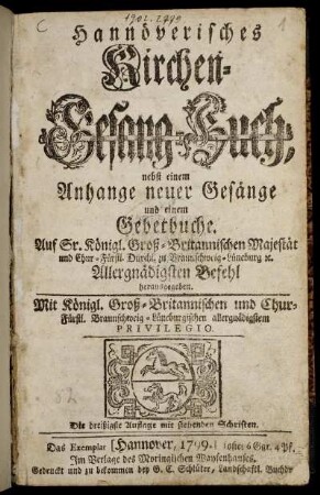 Hannöverisches Kirchen-Gesang-Buch : nebst einem Anhange neuer Gesänge und einem Gebetbuche