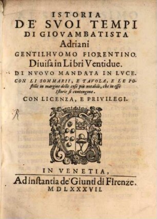 Istoria De' Svoi Tempi Di Giovambatista Adriani Gentilhvomo Fiorentino : Diuisa in Libri Venti due, [1]