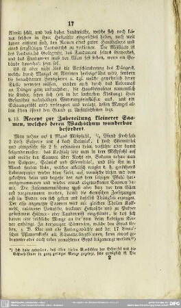 §. 13. Recept zur Zubereitung kleinerer Saamen, welches deren Wachsthum wunderbar befördert