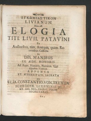 Enkōmiastikon Livianum Hoc. est Elogia Titi. Livii. Patavini