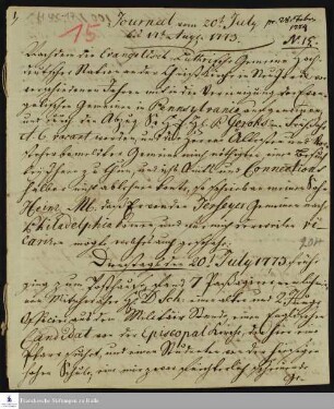 Reisetagebuch von Heinrich Melchior Mühlenberg.