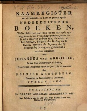 Naamregister van de bekendste en meest in gebruik zynde nederduitsche boeken. 1600/1787 (1788)