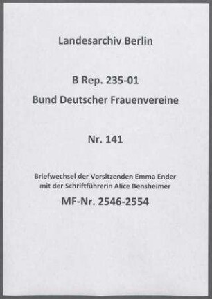 Briefwechsel der Vorsitzenden Emma Ender mit der Schriftführerin Alice Bensheimer