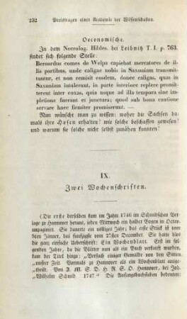 IX. Zwei Wochenschriften