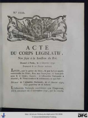Acte Du Corps Législatif, Non sujet à la Sanction du Roi.
