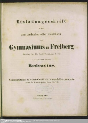 1865: Einladungsschrift zu dem zum Andenken edler Wohlthäter des Gymnasiums zu Freiberg ... in demselben statt findenden Redeactus