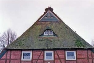 Dorfstraße 10: Schullandheim: traufständiges Fachwerkhaus mit Reetdach: Giebelseite ehemaliger Wirtschaftstrakt, Teilansicht: Krüppelwalm mit Fledermausgaube, oben Verbretterung, Eulenlöcher, auf Giebelpfahl Storchennest
