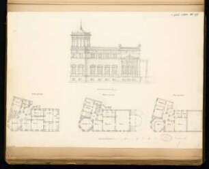 Wohnhaus, Eberswalde Monatskonkurrenz Juli 1880: Grundriss Keller, Erdgeschoss, Dachgeschoss, Aufriss Straßenansicht (Alsenplatz); 2 Maßstabsleisten