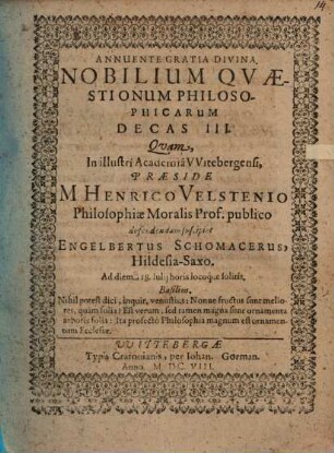 Nobilium Quaestionum Philosophicarum Decas III.