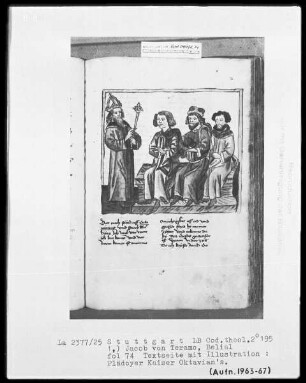 Jacob von Teramo, Belial und Johannes von Mandeville, Reise nach Jerusalem — Jacob von Teramo, Belial — Plädoyer Kaiser Octavians, Folio 74recto