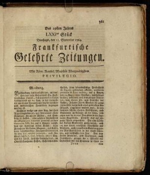LXXItes Stück Dienstags, den 11. September 1764. - LXXXtes Stück Freytags, den 12. October 1764.