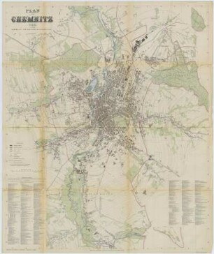 Stadtplan von Chemnitz, 1:10 000, Lithographie, 1898 : Plan von Chemnitz / bearbeitet von der Stadtvermessungsamt. Kupferstich, Lithographie u. Druck von Giesecke & Devrient. - 1. Aufl.. - 1:10 000. - Leipzig ; Berlin : Giesecke & Devrient , 1898. - 1 Kt. ; mehrfarb. ; 75 x 90 cm, gefaltet