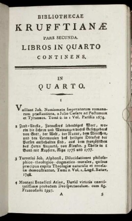 Bibliothecae Krufftianæ Pars Secunda. Libros In Quarto Continens