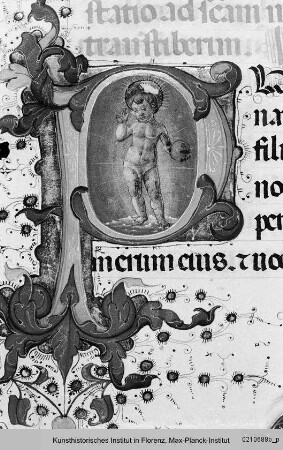 Missale Romanum : Buchseite mit historisierter Initiale P: Segnendes Christuskind