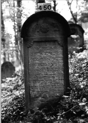 Grabstein 450 (Index: 99803734) Material: Sandstein Zustand: unten verwittert Maße HxBxT: 124x53x12 cm Beschreibung: Stele mit verdachtem Rundbogen, profilierter Rand, Giebelfeld Symbolik: Stern Besonderheit: Endreim: Grabstein 450