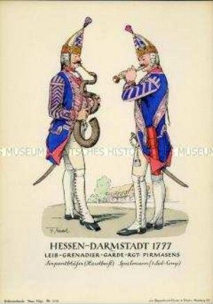 Uniformdarstellung, Hoboist und Musiker des Leib-Grenadier-Garde-Regiments Pirmasens, Landgrafschaft Hessen-Darmstadt, 1777.