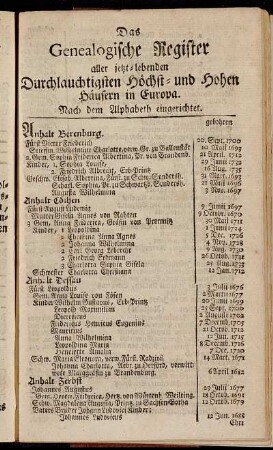 Das Genealogische Register aller jetzt-lebenden Durchlauchtigsten Höchst- und Hohen Häusern in Europa.