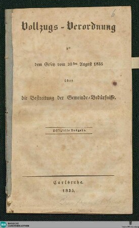 Vollzugs-Verordnung zu dem Gesetz vom 28sten August 1835 über die Bestreitung der Gemeinde- Bedürfnisse