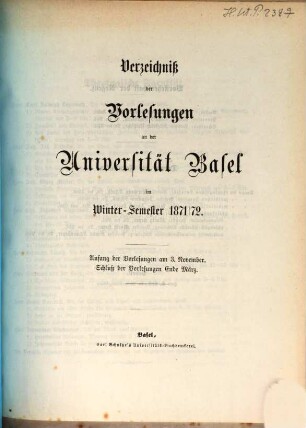 Verzeichnis der Vorlesungen. 1871/72, 1871/72. WS.