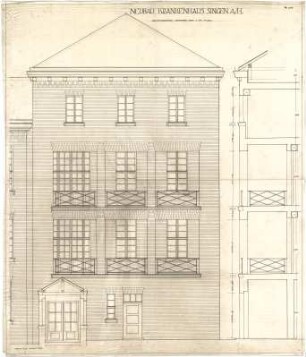 Billing, Hermann; Singen; Krankenhaus - Hauptfassade (Teilansicht); Schnitt