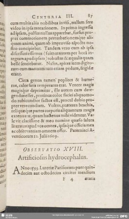 Observatio XVIII. Artificiosus hydrocephalus