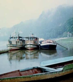 Drei Boote an einer Anlegestelle auf der Elbe