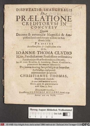 Disputatio Inauguralis De Praelatione Creditorum In Concursu