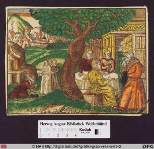 Ein bärtiger Mann tritt an einen Tisch mit Männern unter einem Baum, im Hintergrund wird er von Christus gesegnet.