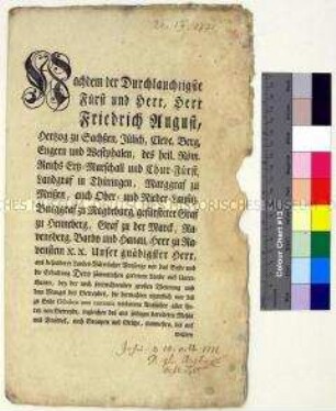 Patent auf Befehl von Friedrich August III. Kurfürst von Sachsen betreffend Verbot der Ausfuhr aller Art von Getreide infolge Teuerung