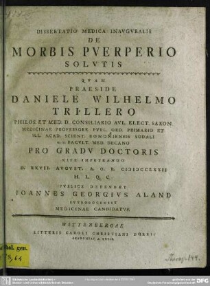 Dissertatio Medica Inauguralis De Morbis Puerperio Solutis