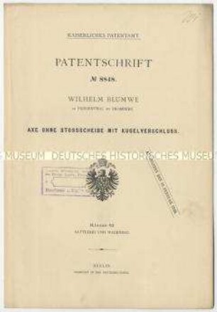 Patentschrift einer Achse ohne Stoßscheibe mit Kugelverschluss, Patent-Nr. 8848
