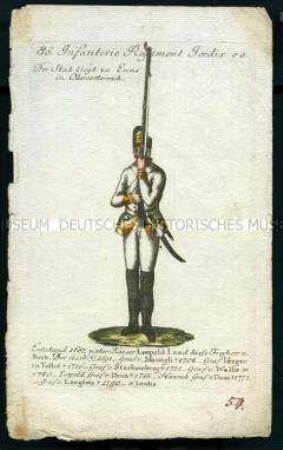 Uniformdarstellung, Gemeiner des Infanterie-Regiments Jordis Nr. 59, Österreich, 1796. Tafel aus: Geschichte und bildliche Vorstellung der Regimenter des Erzhauses Österreich.