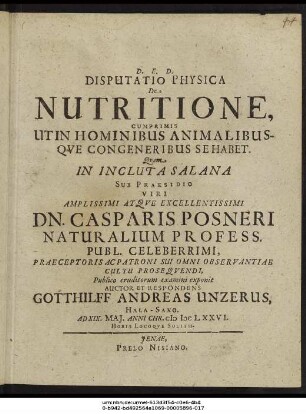 Disputatio Physica De Nutritione, Cumprimis Ut In Hominibus Animalibusque Congeneribus Se Habet