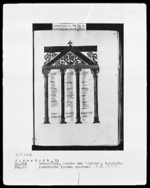 Evangeliar mit Capitulare, Palastschule Karls des Kahlen — Kanon IV, Folio 12recto