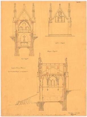Schloss, Dobrau Gruftkapelle im Park: Aufriss Rückansicht; Längsschnitt, Querschnitt; Maßstabsleiste. Auf der Rückseite Bleistiftskizze