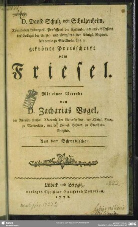 D. David Schulz von Schulzenheim ...gekrönte Preisschrift vom Friesel : Aus dem Schwedischen
